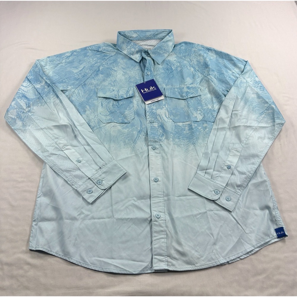 Huk Shirt Mens Large Blue Performance Fishing Button Up Vented Outdoor NEW